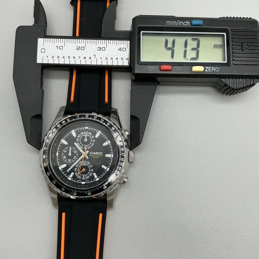 Casio MTP-4500 Mens Watch 41mm Black Dial Chronograph Black Orange Silicone